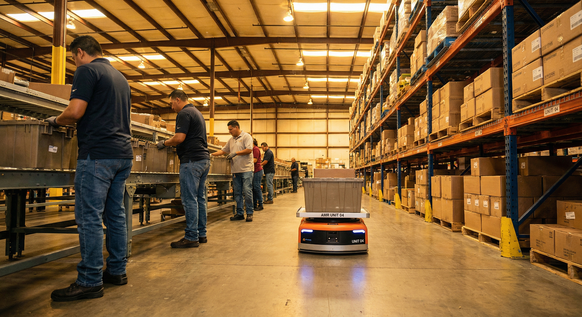 Distribution warehouse with autonomous mobile robot and workers
