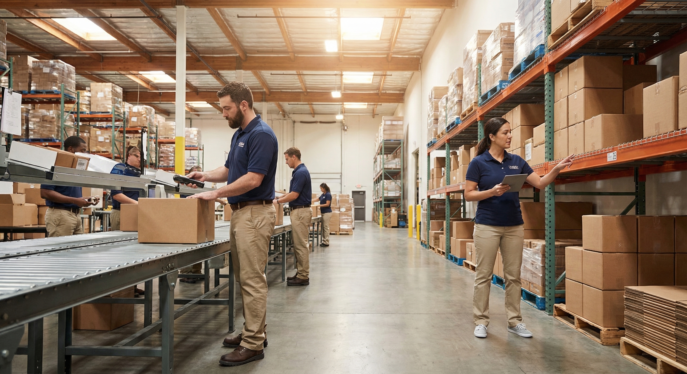 A modern distribution warehouse with workers managing fulfillment operations