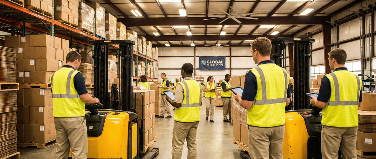 Distribution warehouse operations floor with workers managing inventory and shipments