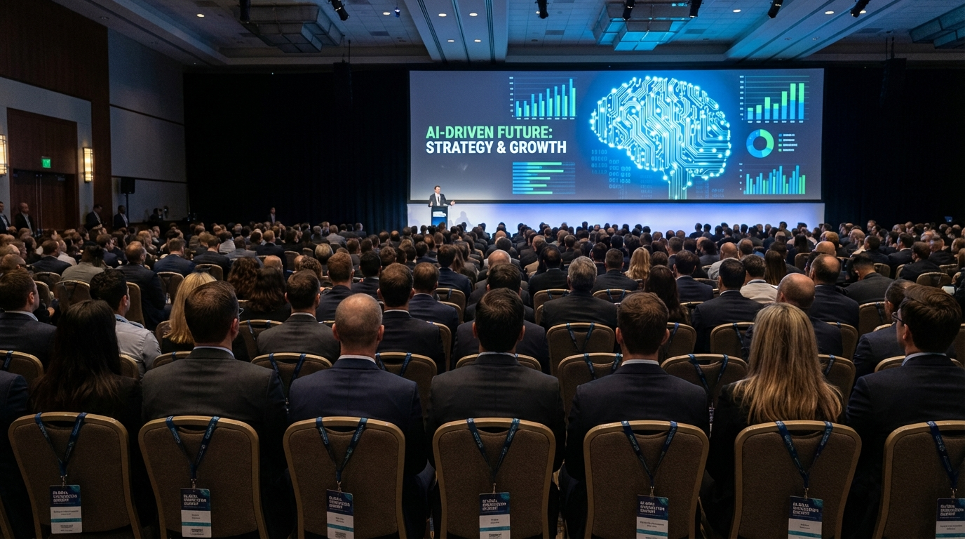 Tech conference presentation about AI with skeptical business audience