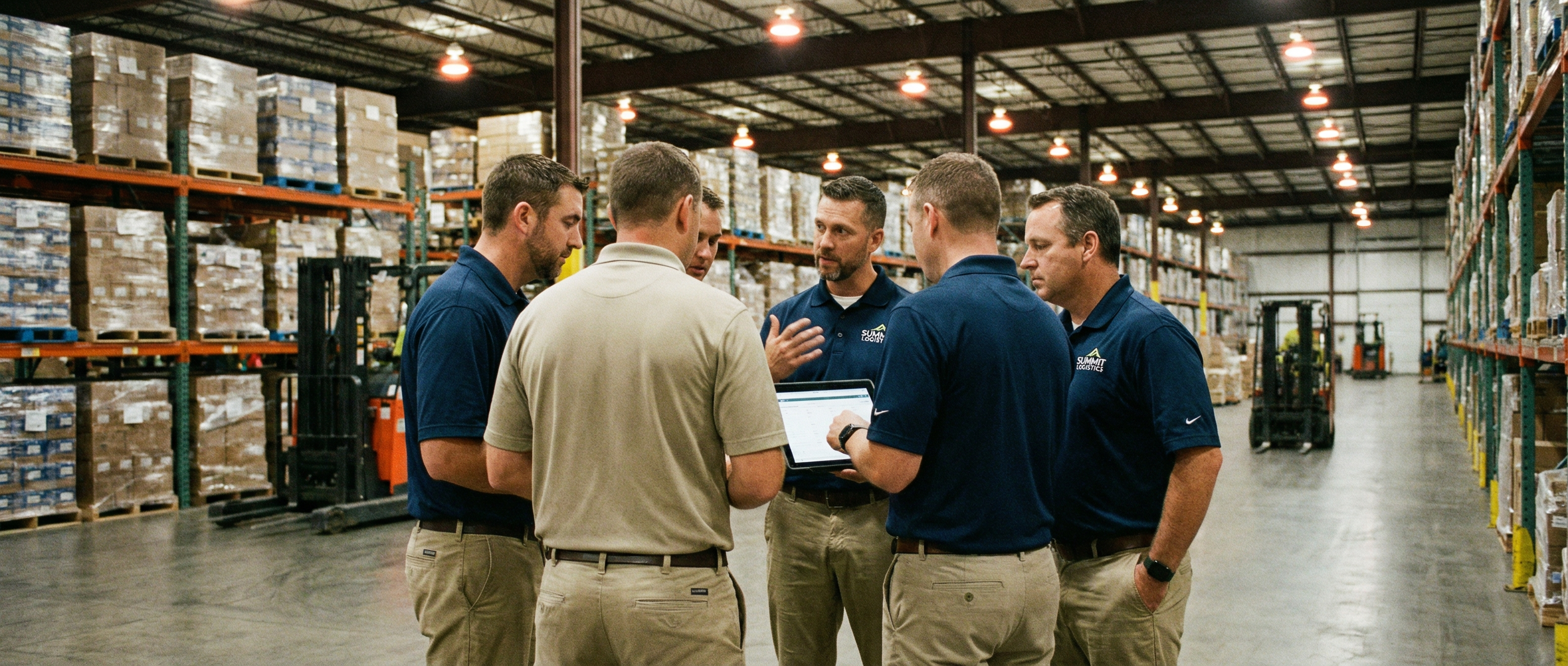Distribution warehouse operations team reviewing data on a tablet