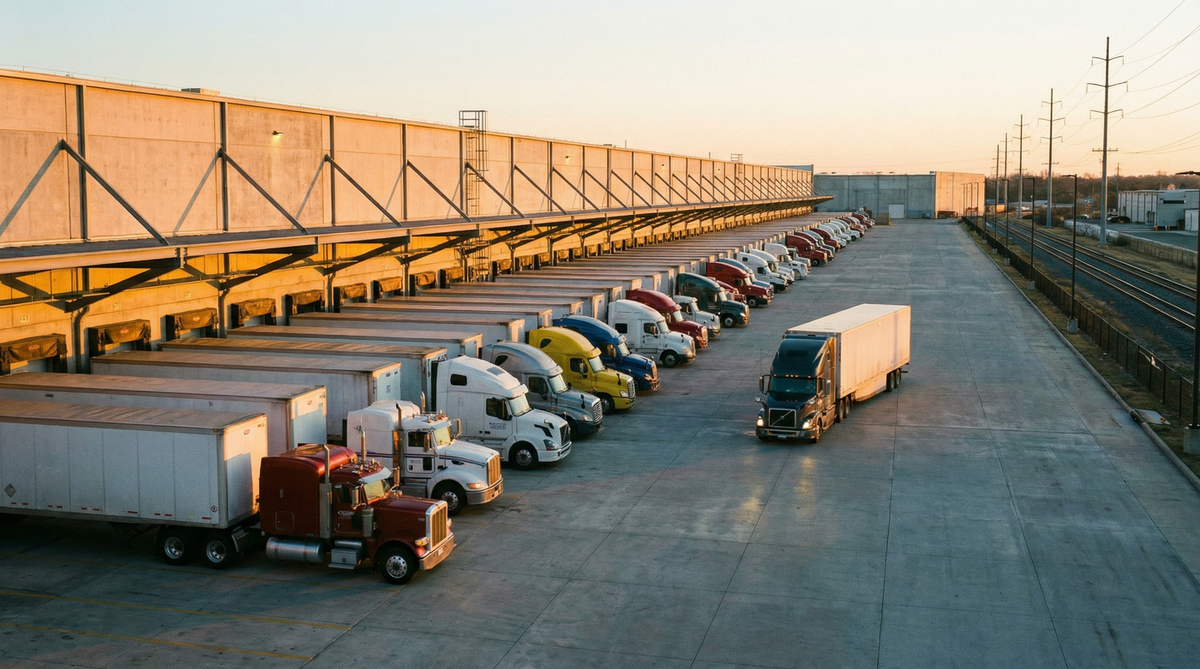 Trucks lined up at a distribution center loading dock