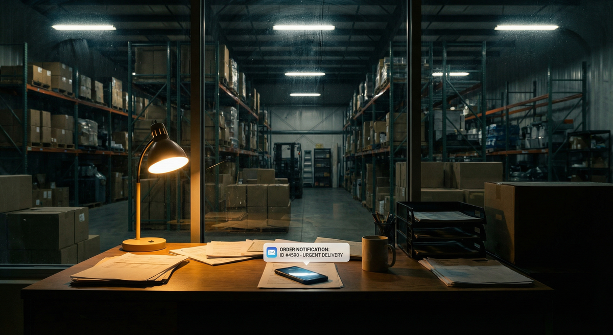 Distribution warehouse office at night with order notification on phone