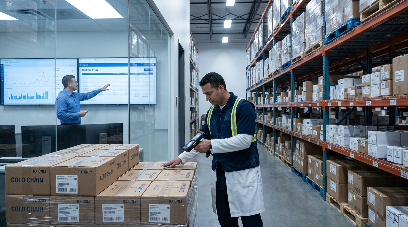 Pharmacy distribution warehouse with worker reviewing inventory