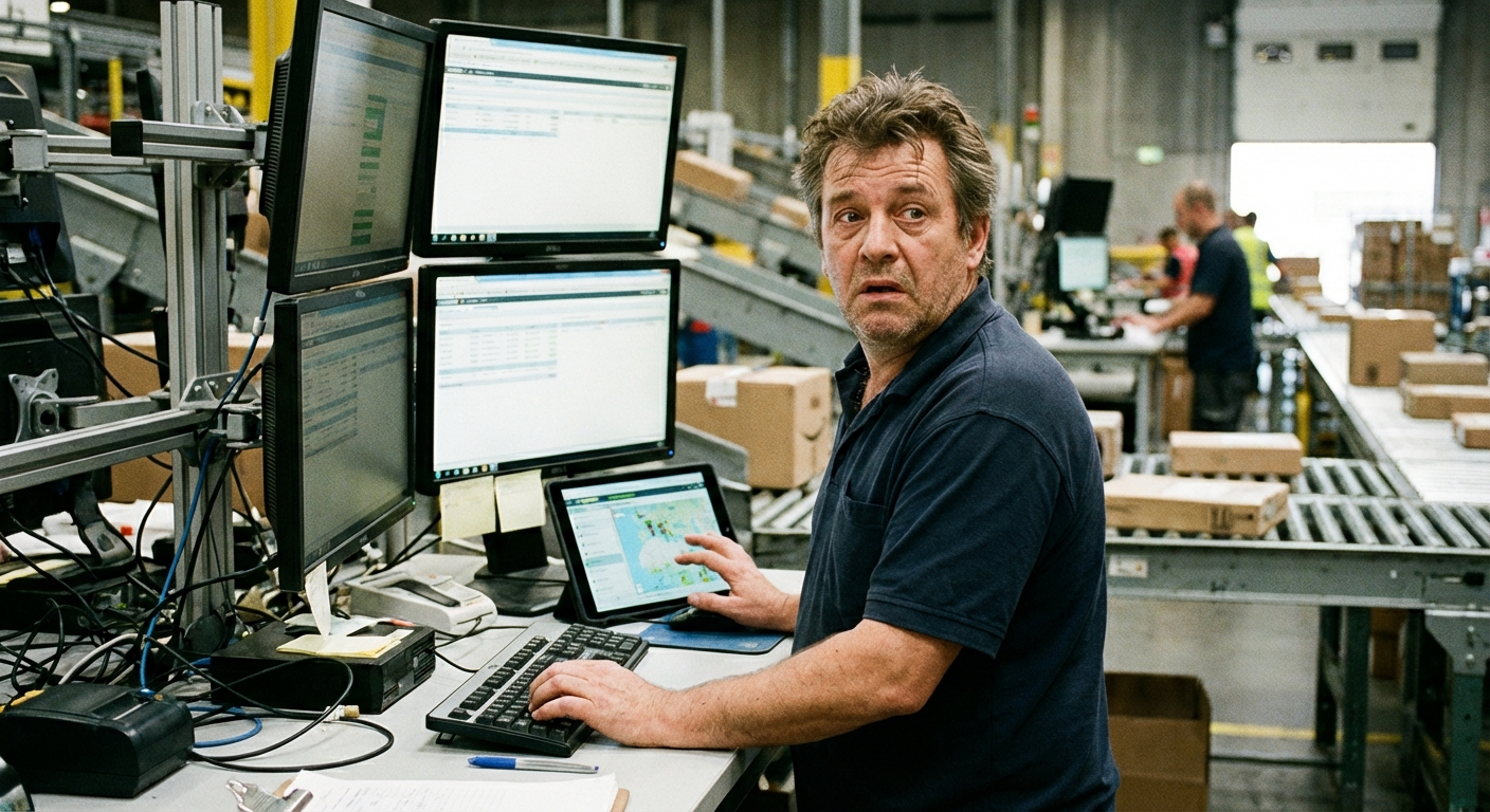 Worker switching between multiple screens and tablets in a distribution center