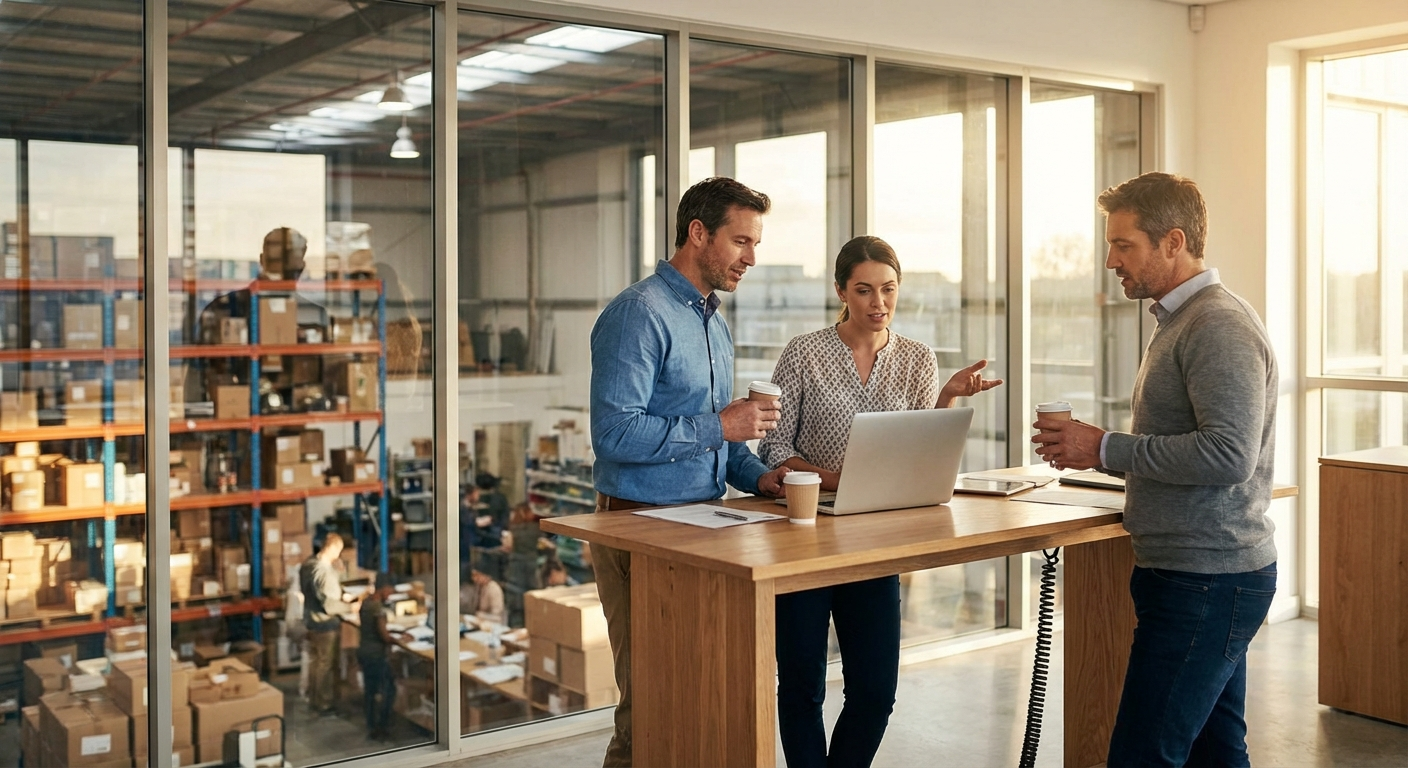 Small operations team discussing workflow improvements in casual office