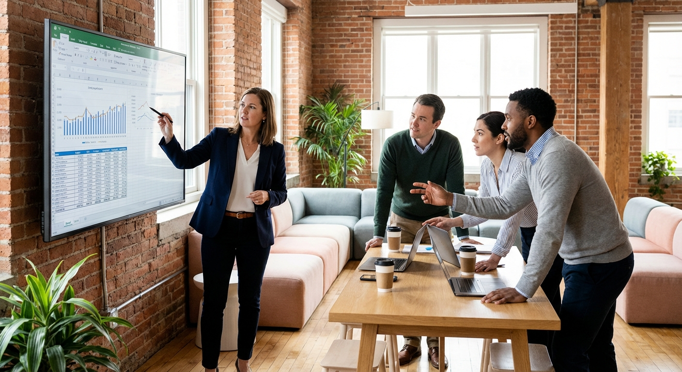 CFO and operations team reviewing platform consolidation ROI in a casual office setting
