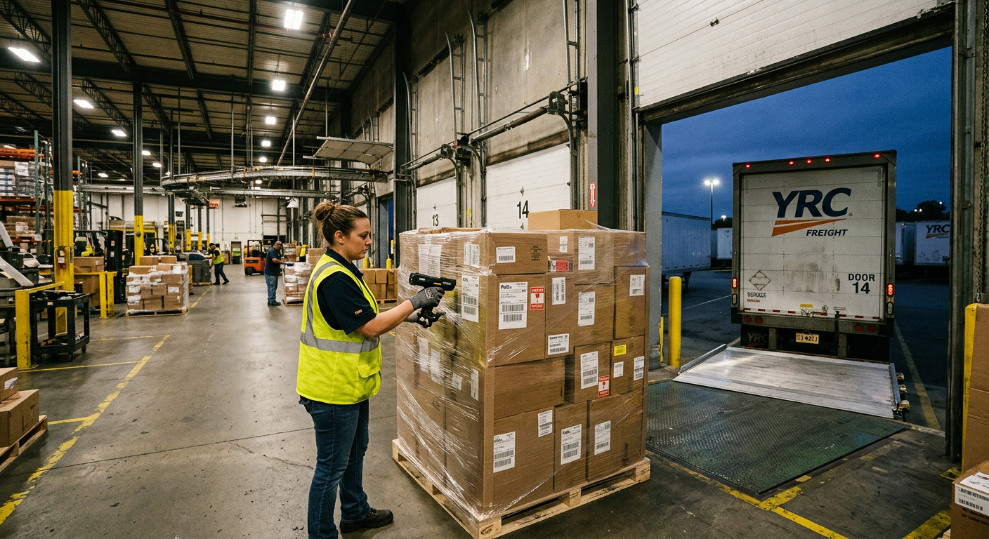 Warehouse loading dock with overhead cameras monitoring outbound shipments