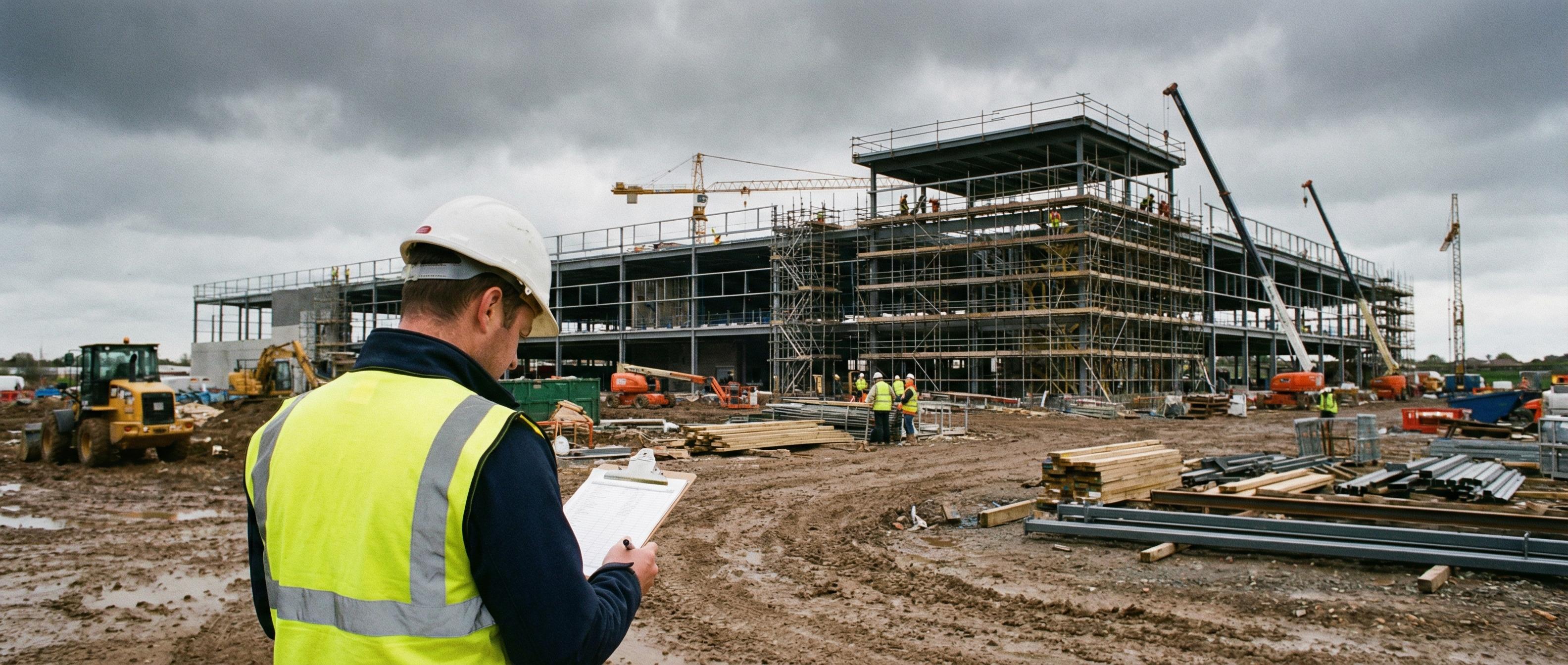 Contractor reviewing paperwork at a construction jobsite