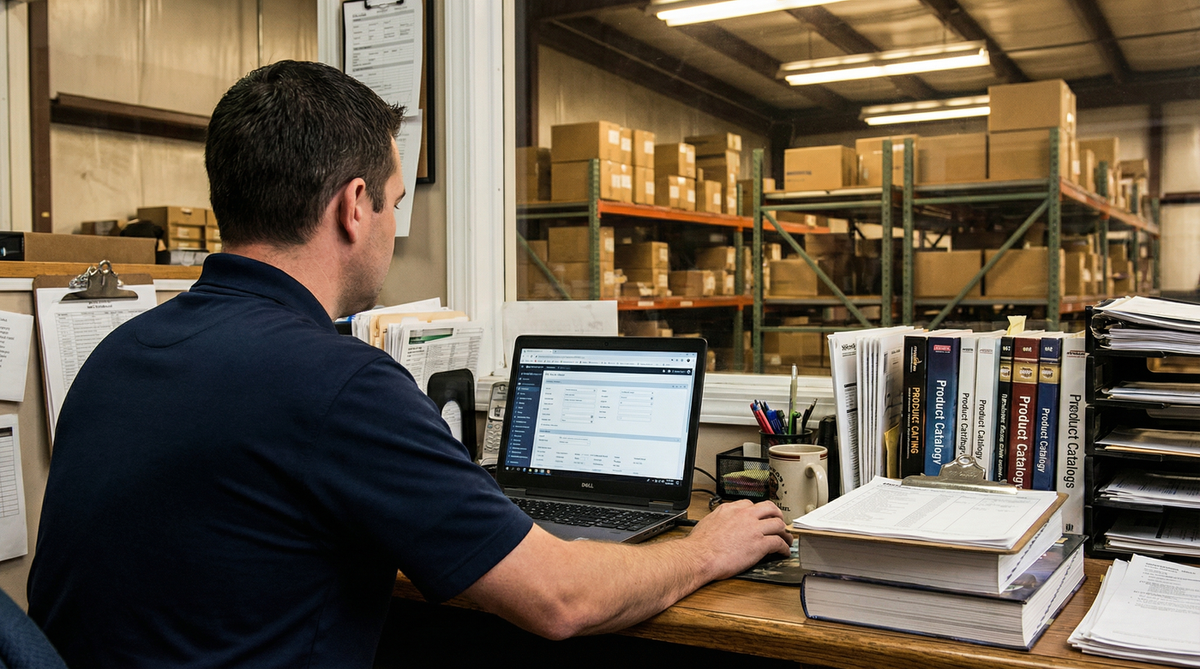 Distribution sales rep at desk dealing with CRM data entry in a warehouse office