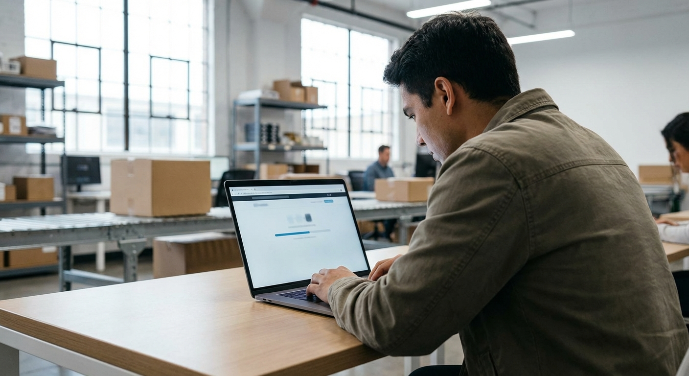 Distribution customer using a laptop to check order status and reorder products