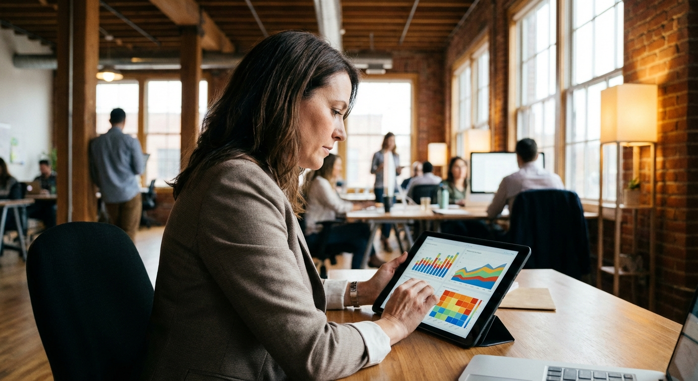 Manager reviewing dashboard data on tablet