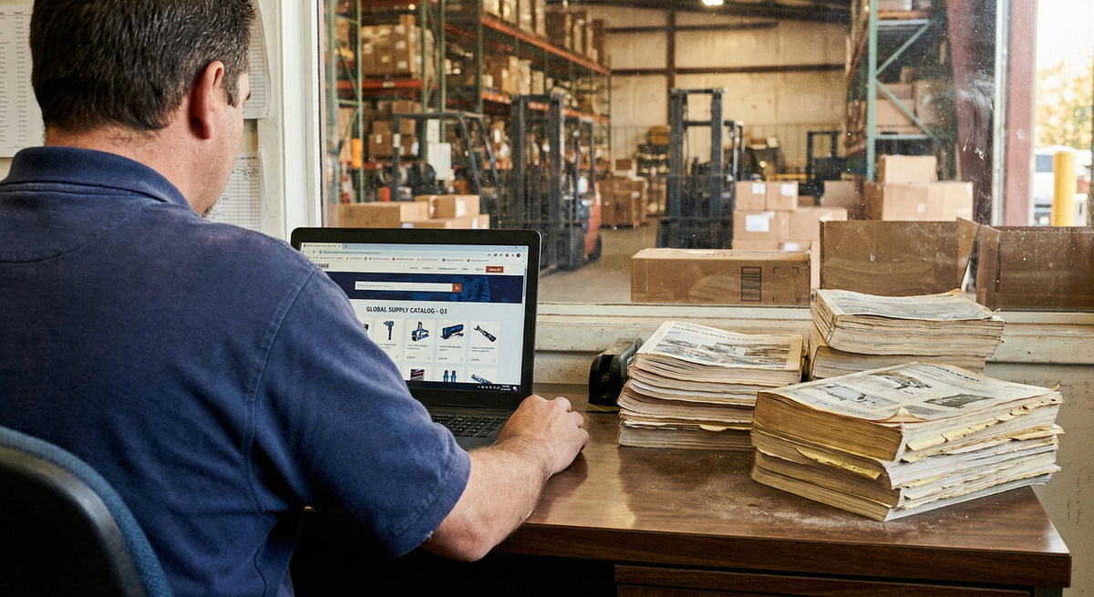 Person at desk using laptop product catalog with old paper catalogs pushed aside