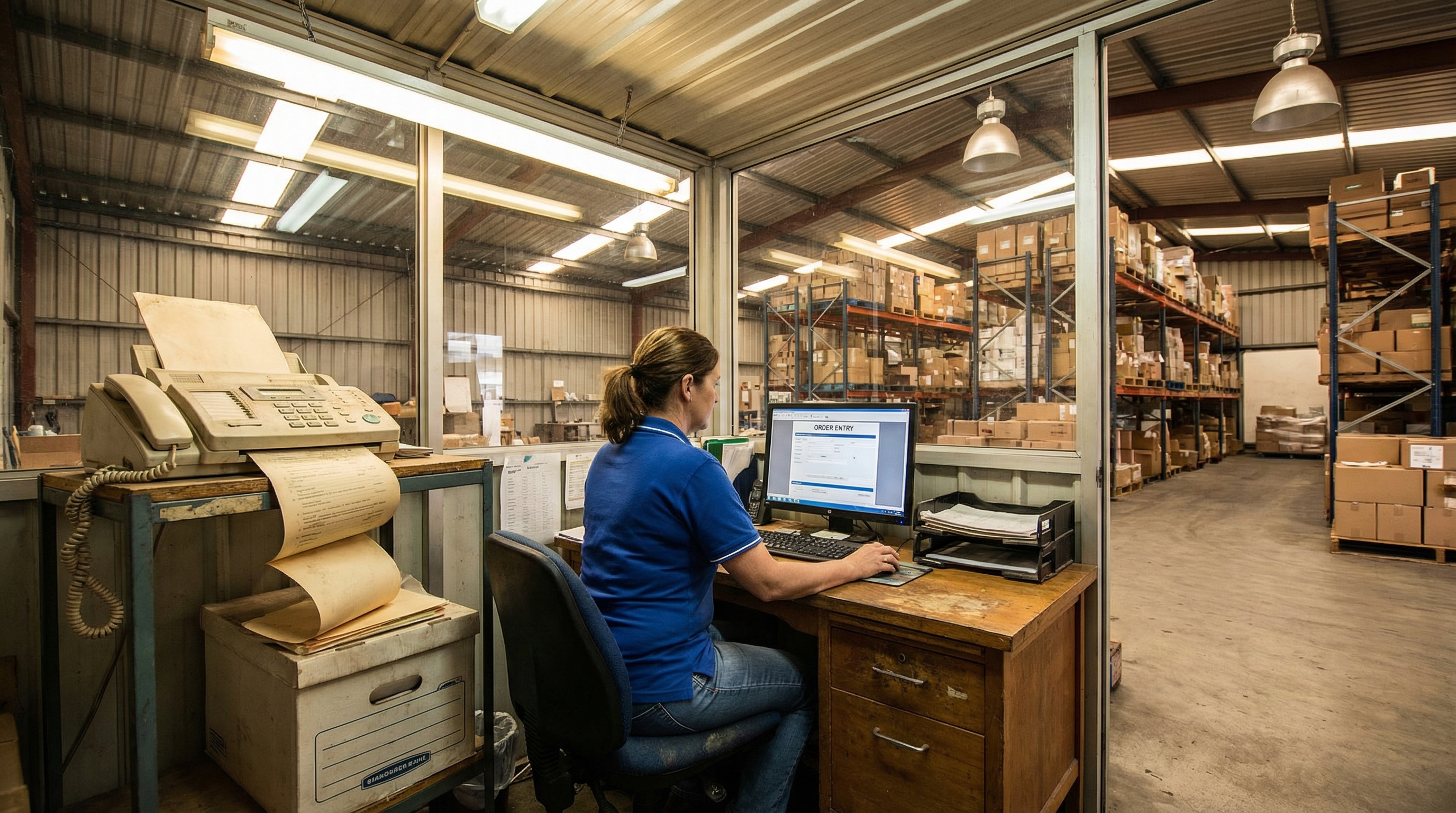 Small distributor warehouse office with an unused fax machine on a shelf behind a worker using digital ordering
