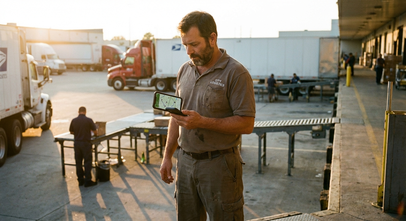 Delivery driver checking optimized route on mobile device at distribution center