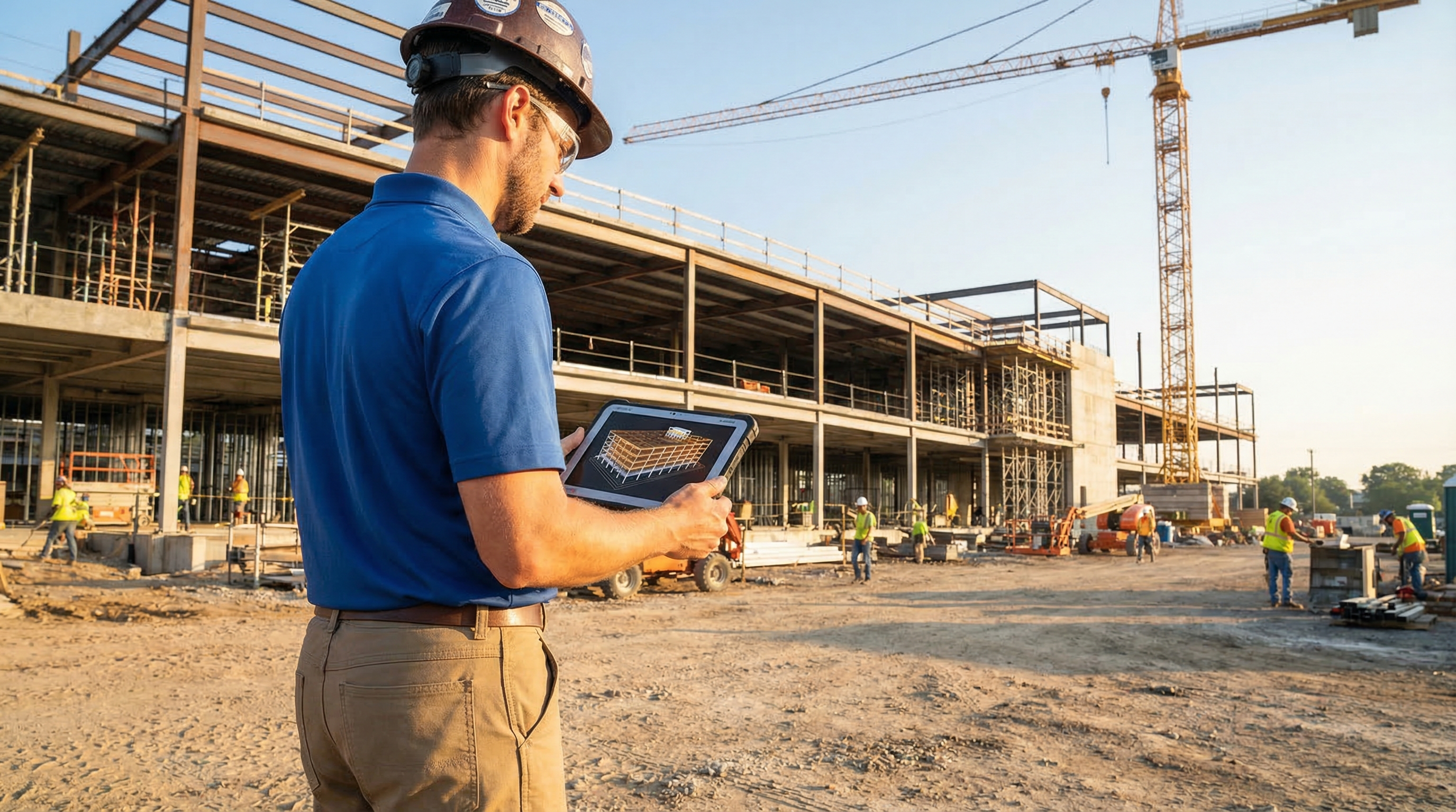 Construction project manager reviewing a digital building model on a tablet at a job site
