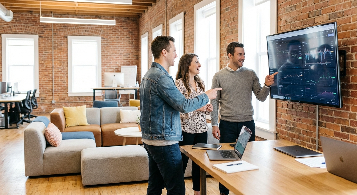 Distribution team reviewing consolidated dashboard on a large screen in a casual office