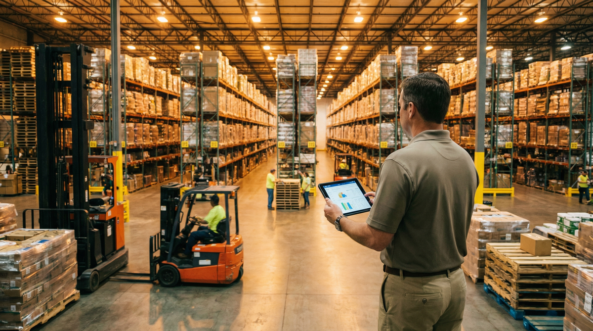 Distribution warehouse manager reviewing ERP systems on a tablet