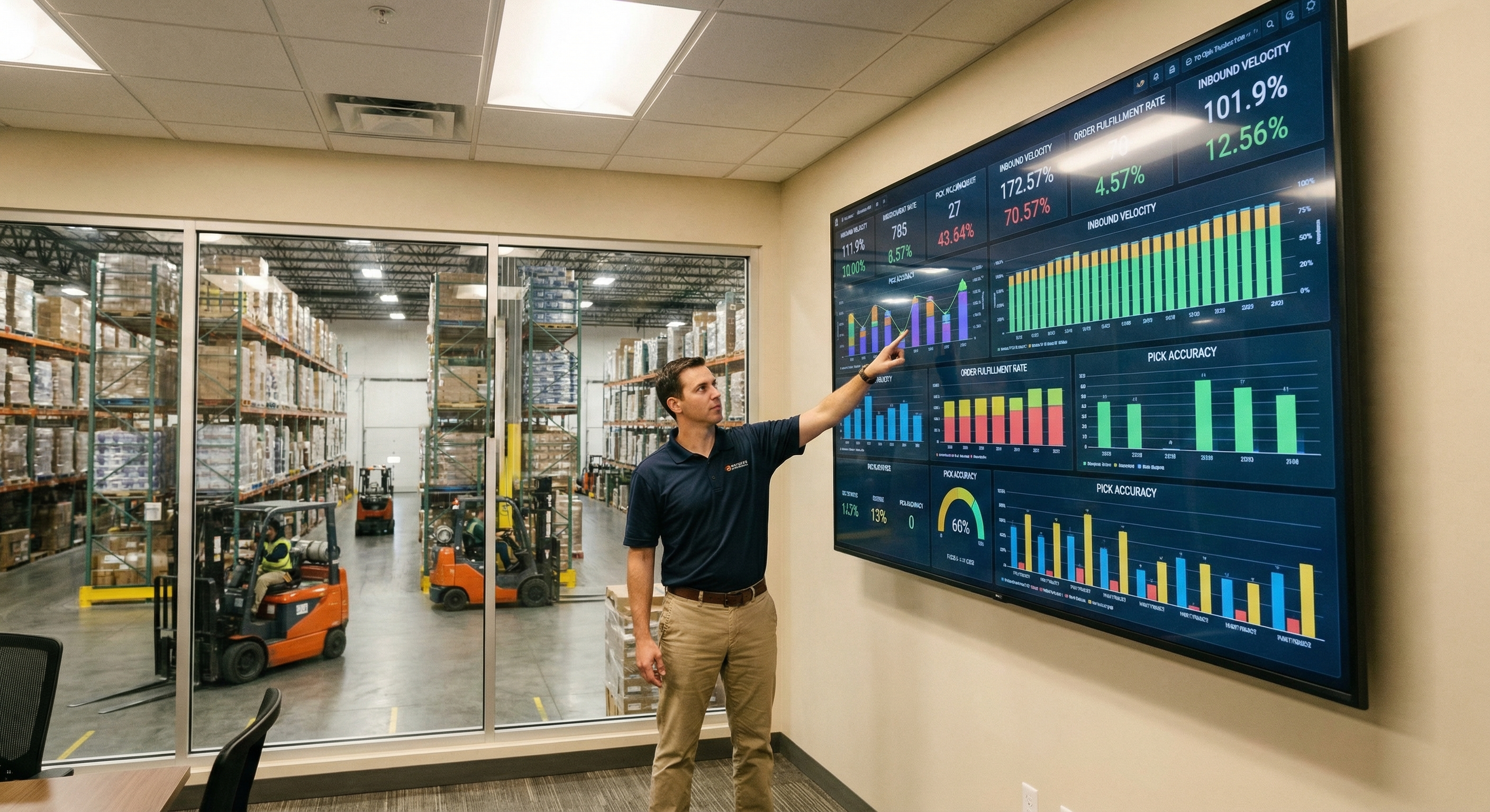 Distribution warehouse operations center with wall-mounted dashboard displays showing live metrics