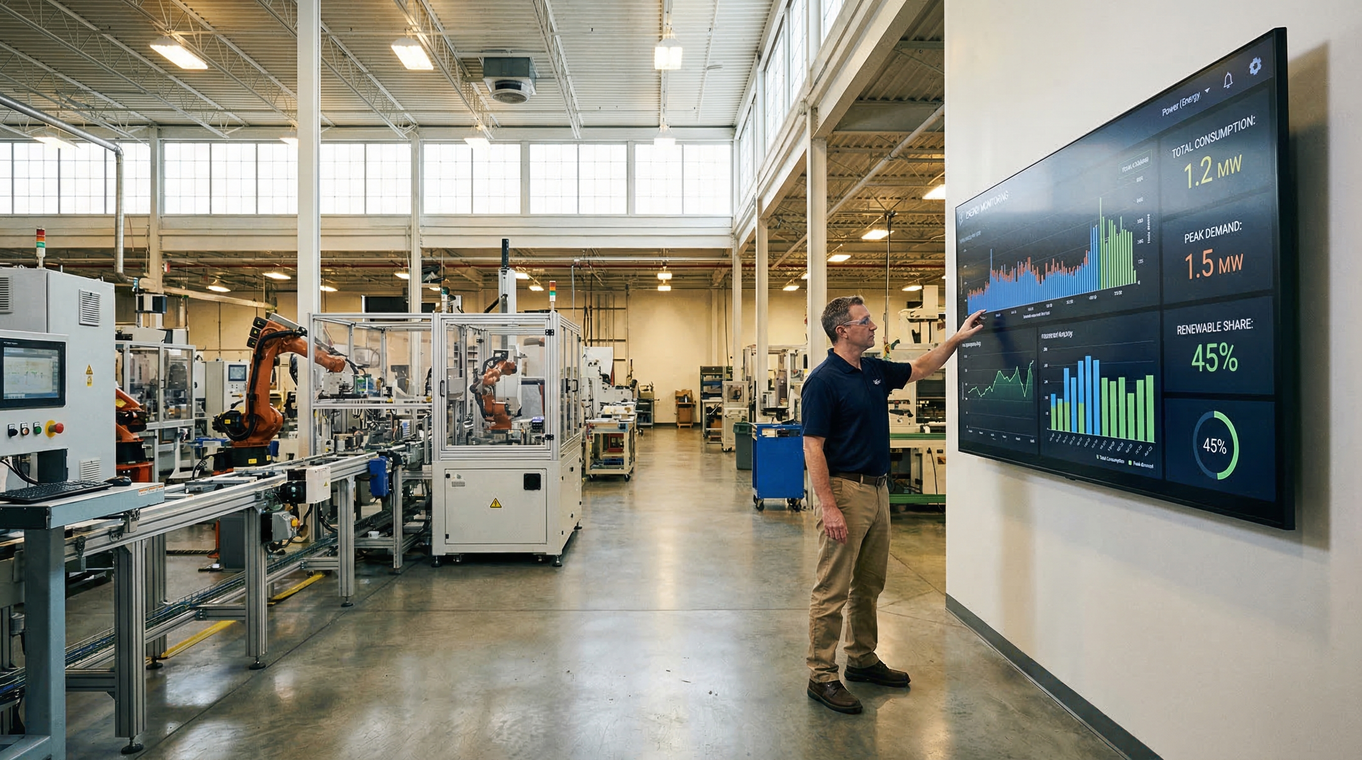 Factory floor with digital energy monitoring displays showing real-time power consumption data
