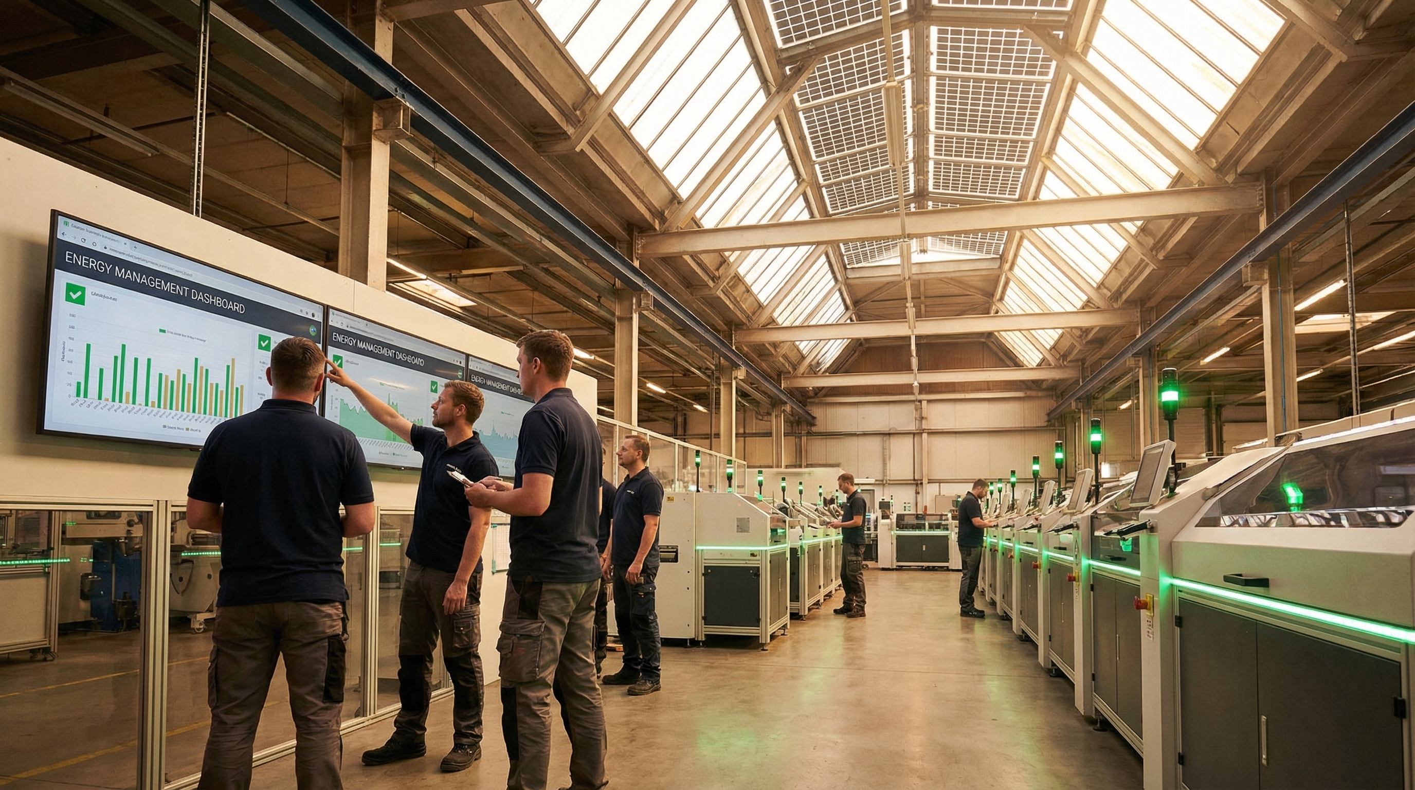 Manufacturing floor with workers monitoring energy management dashboards
