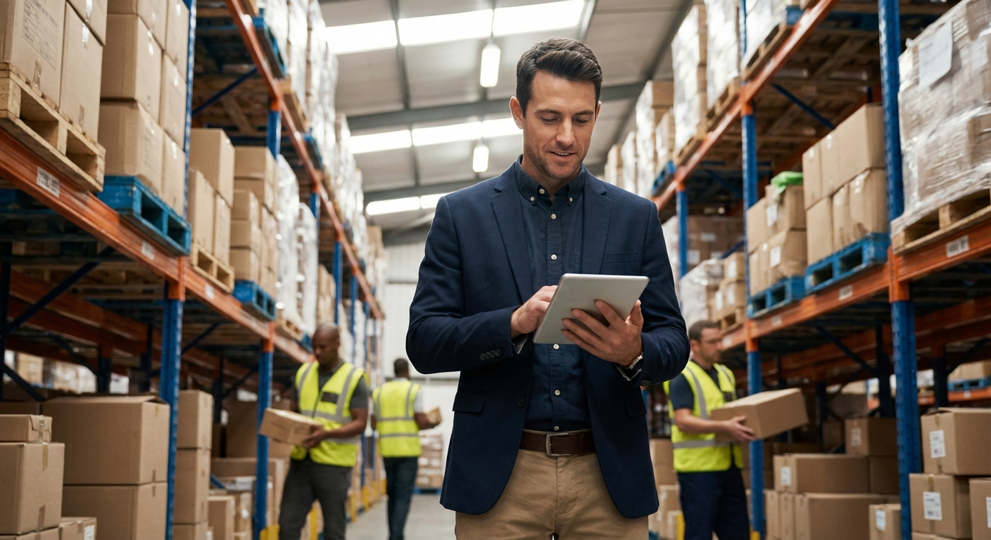 Sales rep using a tablet to check customer order history in a distribution warehouse