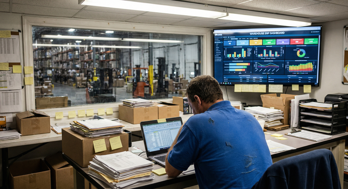 Worker at a desk using a spreadsheet while an ERP dashboard goes unused on a nearby monitor