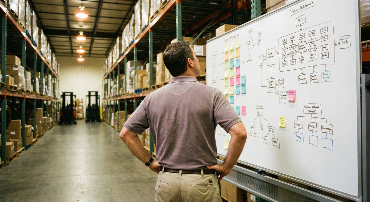 Distribution warehouse operations manager reviewing technology systems on a tablet