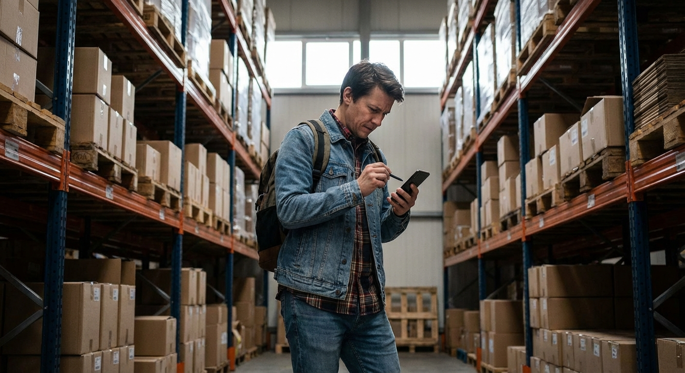 Distribution sales rep checking inventory on a phone in a warehouse