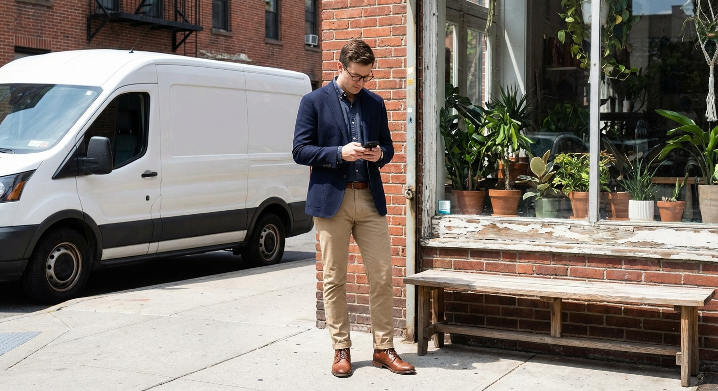 Field sales rep checking a phone while standing outside a customer's business