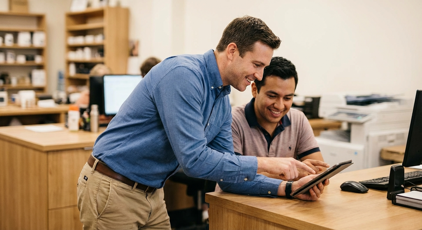 Distribution sales rep reviewing order data on tablet at customer site