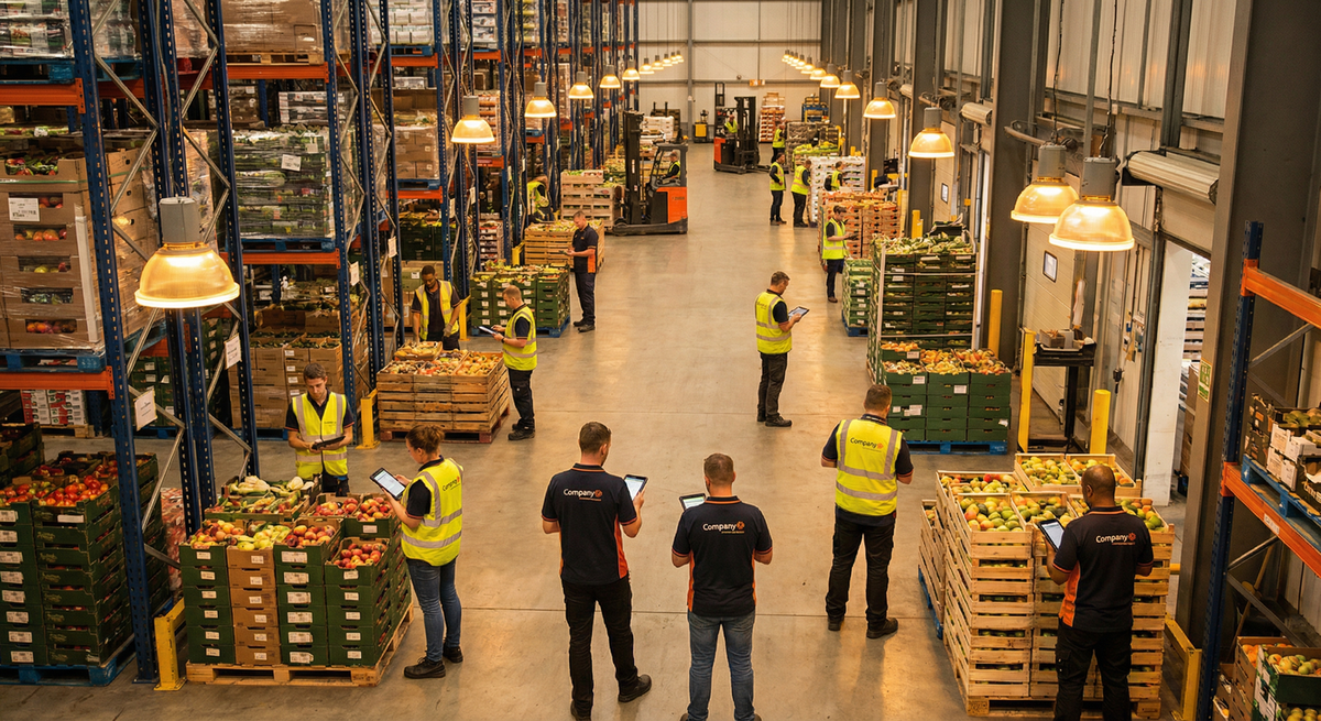 Workers using tablets in a food distribution warehouse