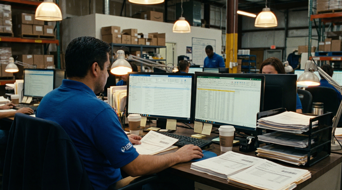 Customer service rep at a distribution company processing orders on a computer