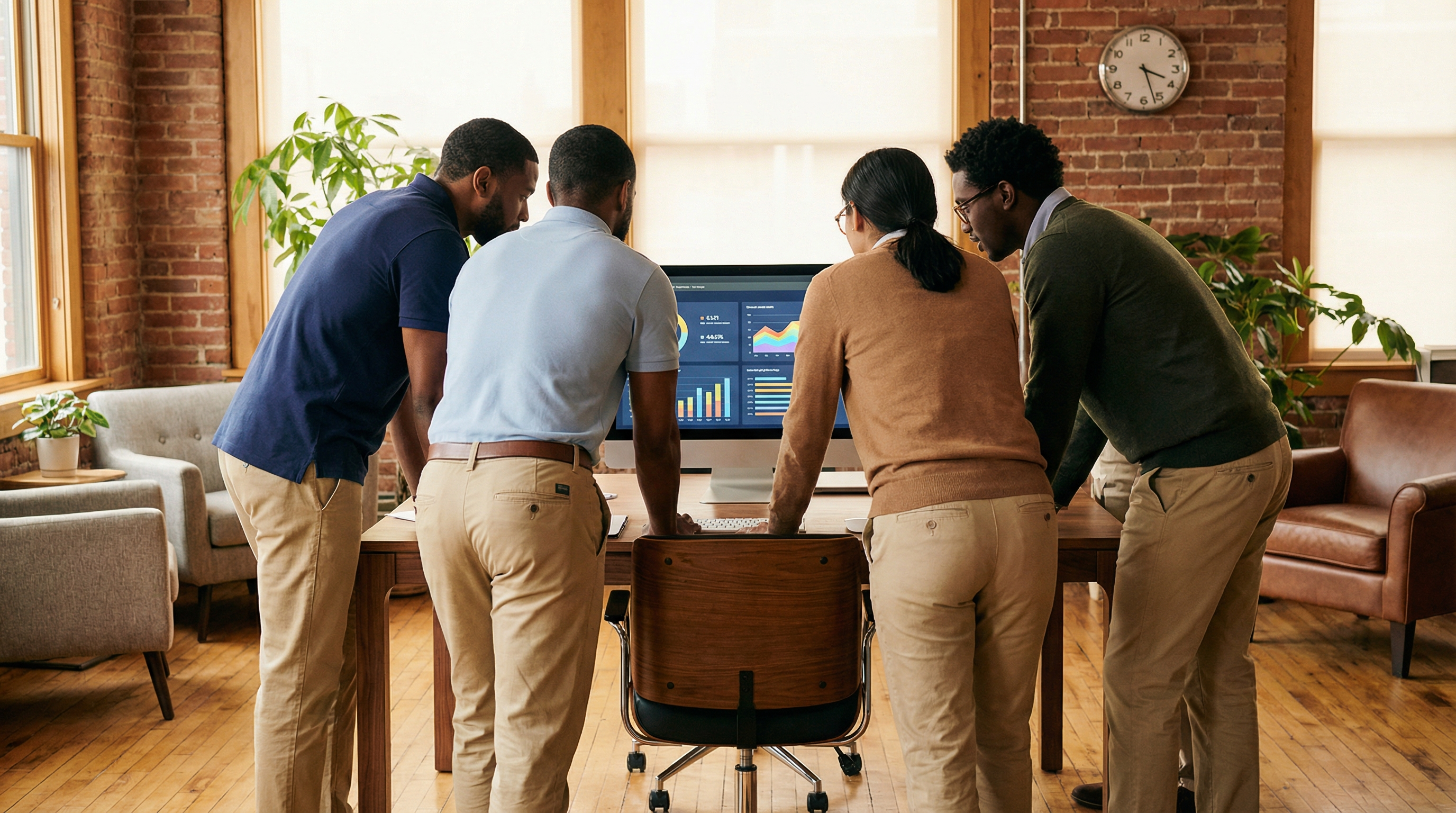 Business team reviewing AI-powered dashboards in a casual office setting
