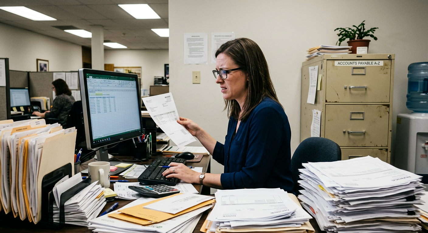 Distribution warehouse office with operations staff reviewing paper invoices at a desk
