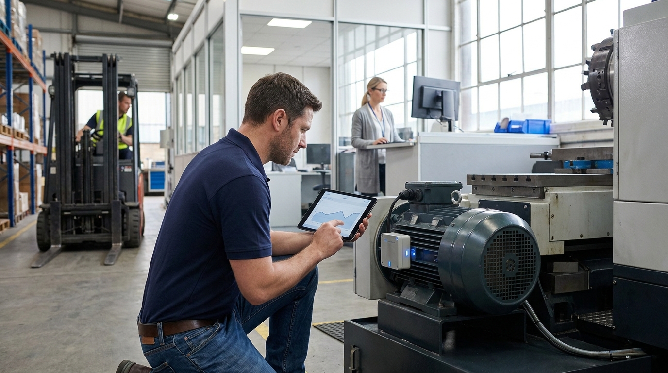 Warehouse technician checking IoT sensor mounted on industrial equipment