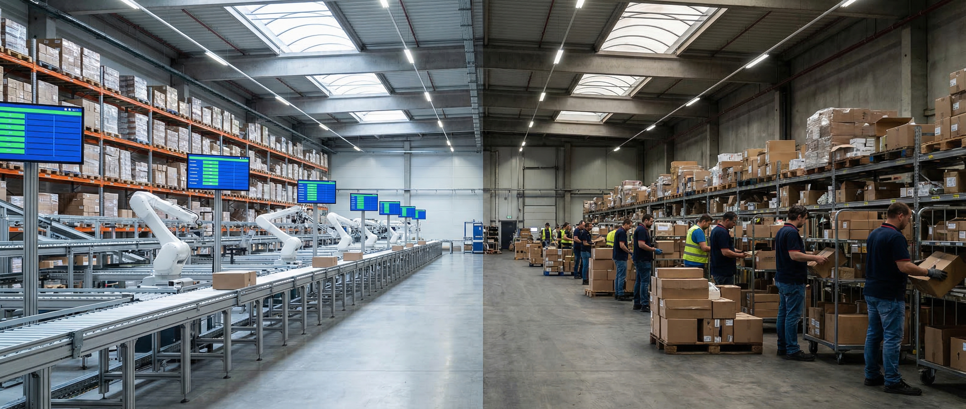 Distribution warehouse with automated picking systems alongside manual operations