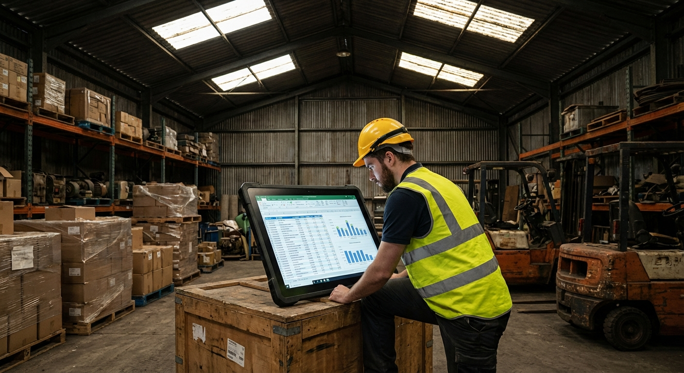 Modern warehouse worker using tablet interface