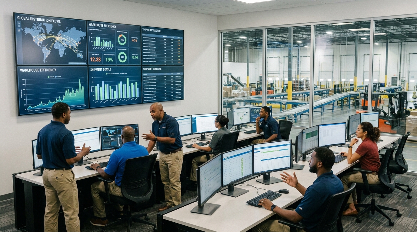 Distribution warehouse operations room with workers reviewing workflow dashboards