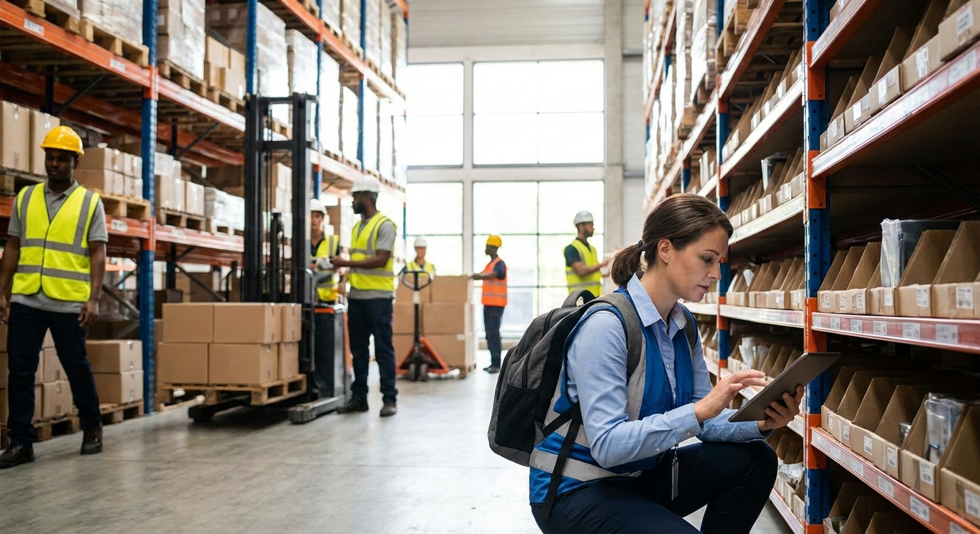 Field rep using a tablet in a warehouse aisle