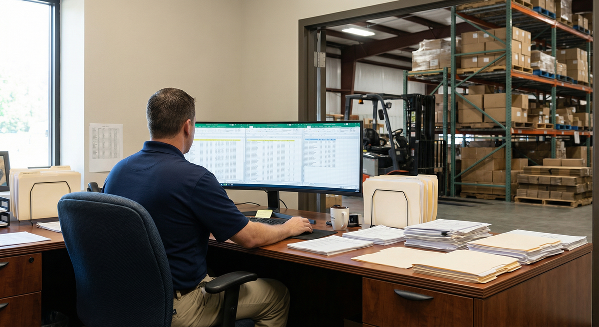 Distribution warehouse manager looking at multiple spreadsheets on computer screen with boxes in background