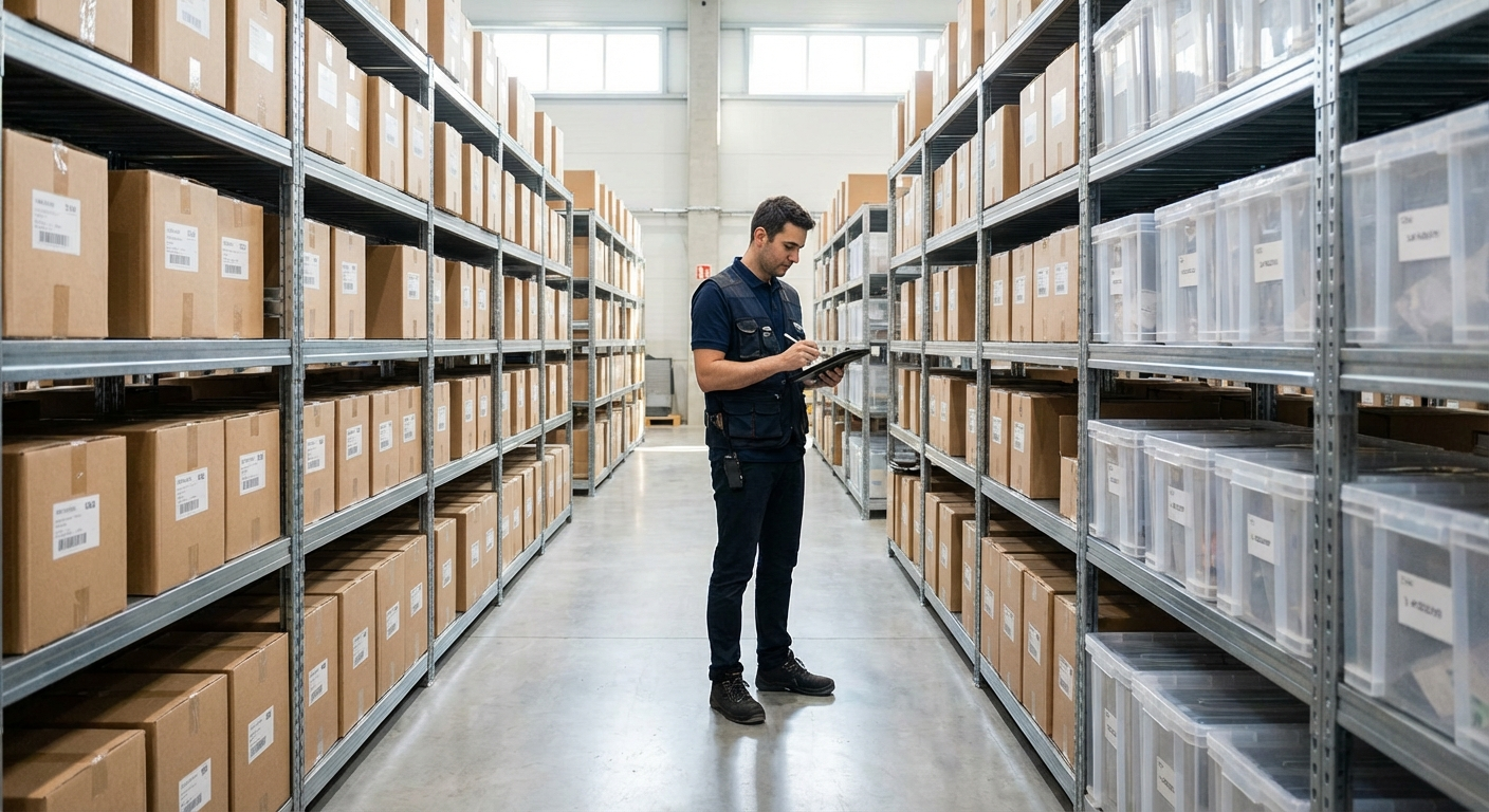 Worker using tablet to check inventory in warehouse aisle