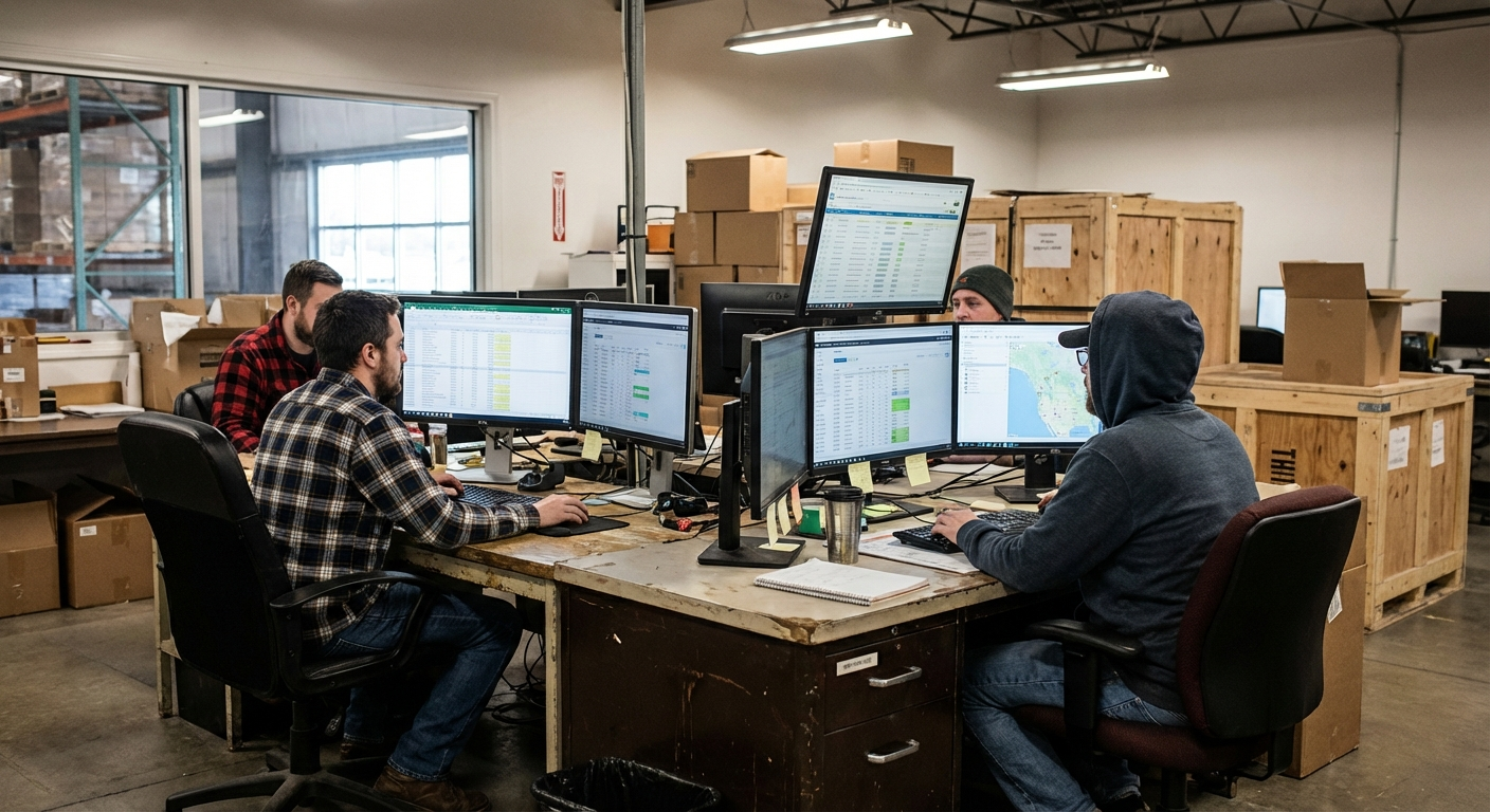 Operations team reviewing data at distribution center