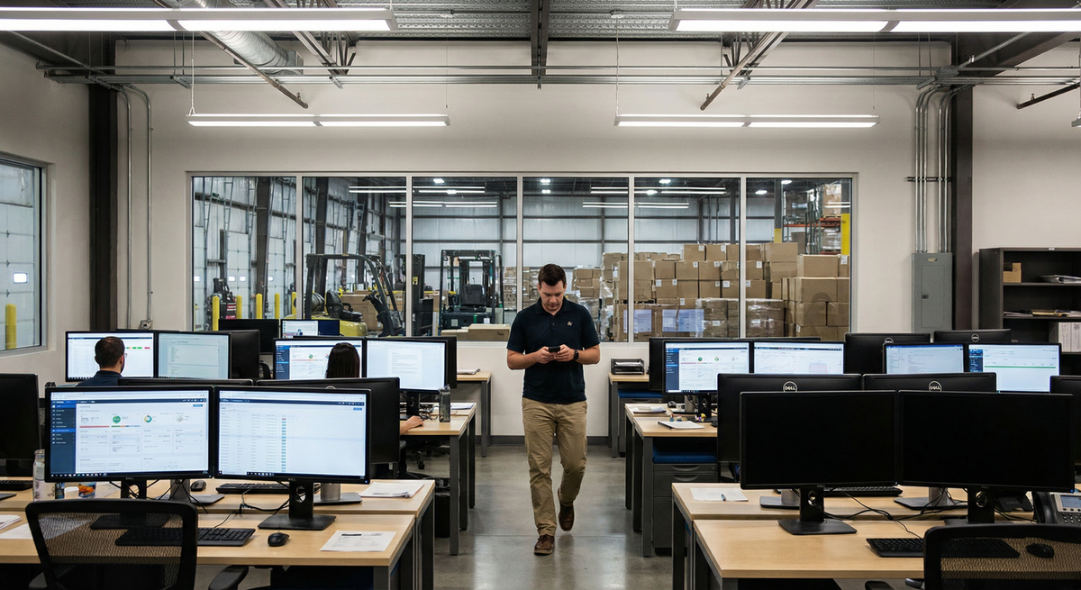 Distribution company conference room with acquisition documents and warehouse visible through glass walls