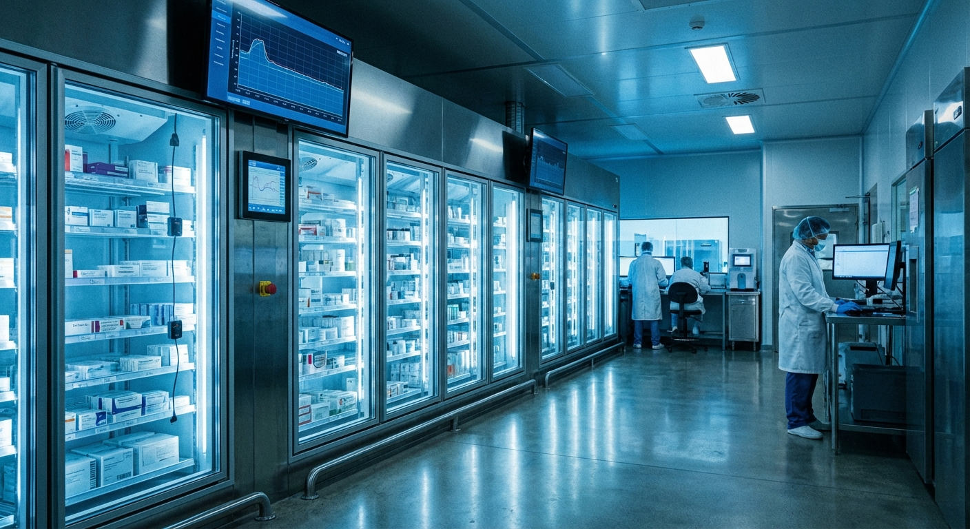 Temperature-controlled pharmaceutical storage facility with monitoring equipment