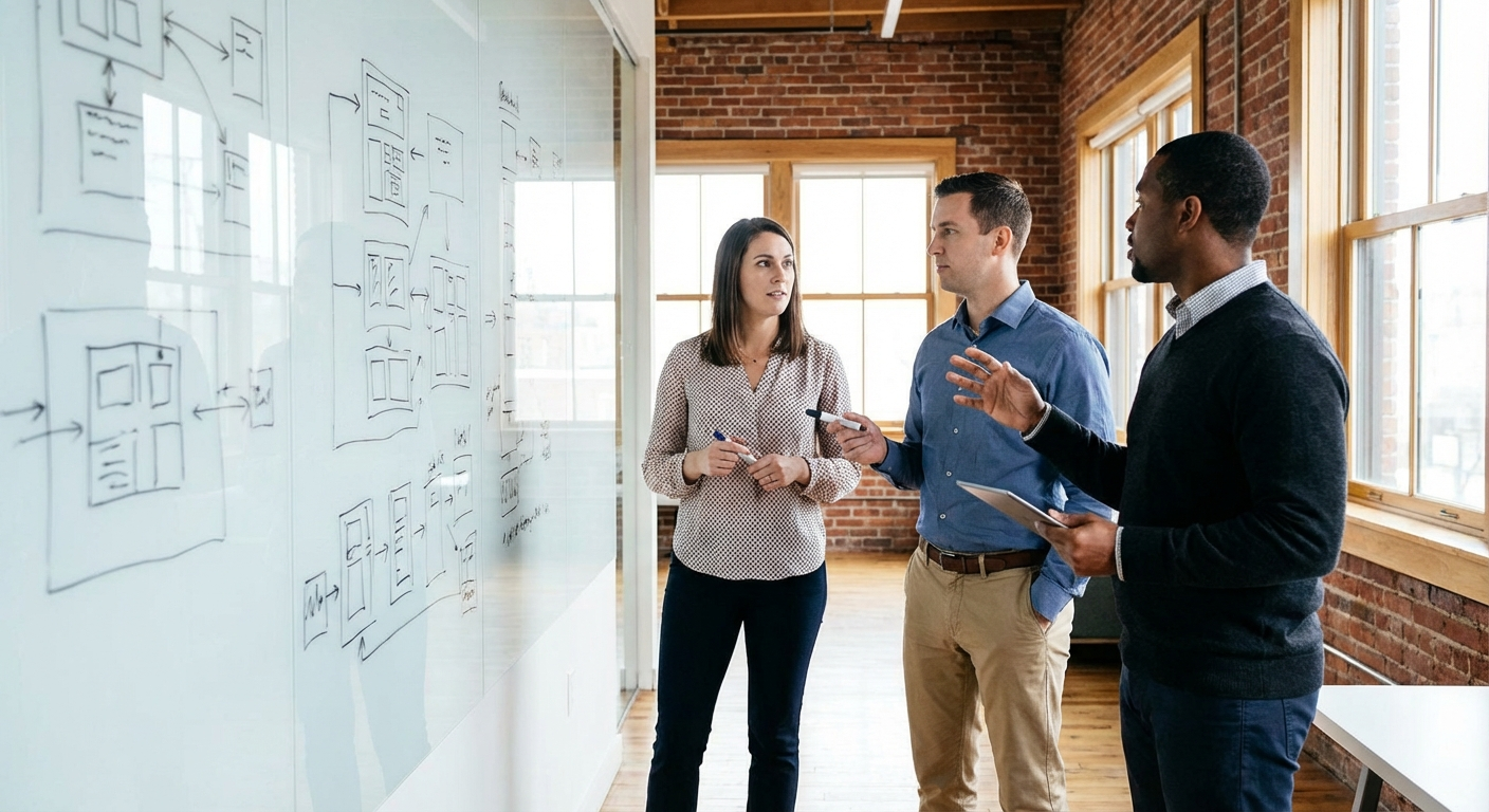 Technical team mapping integration architecture on a whiteboard