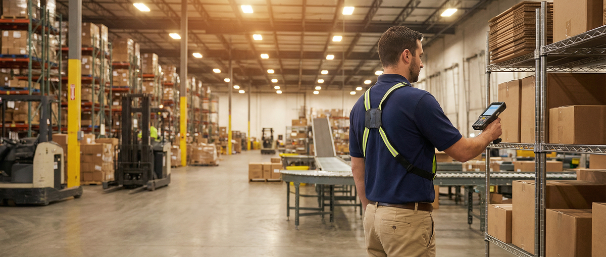Warehouse worker scanning inventory with a handheld RFID reader in a distribution center