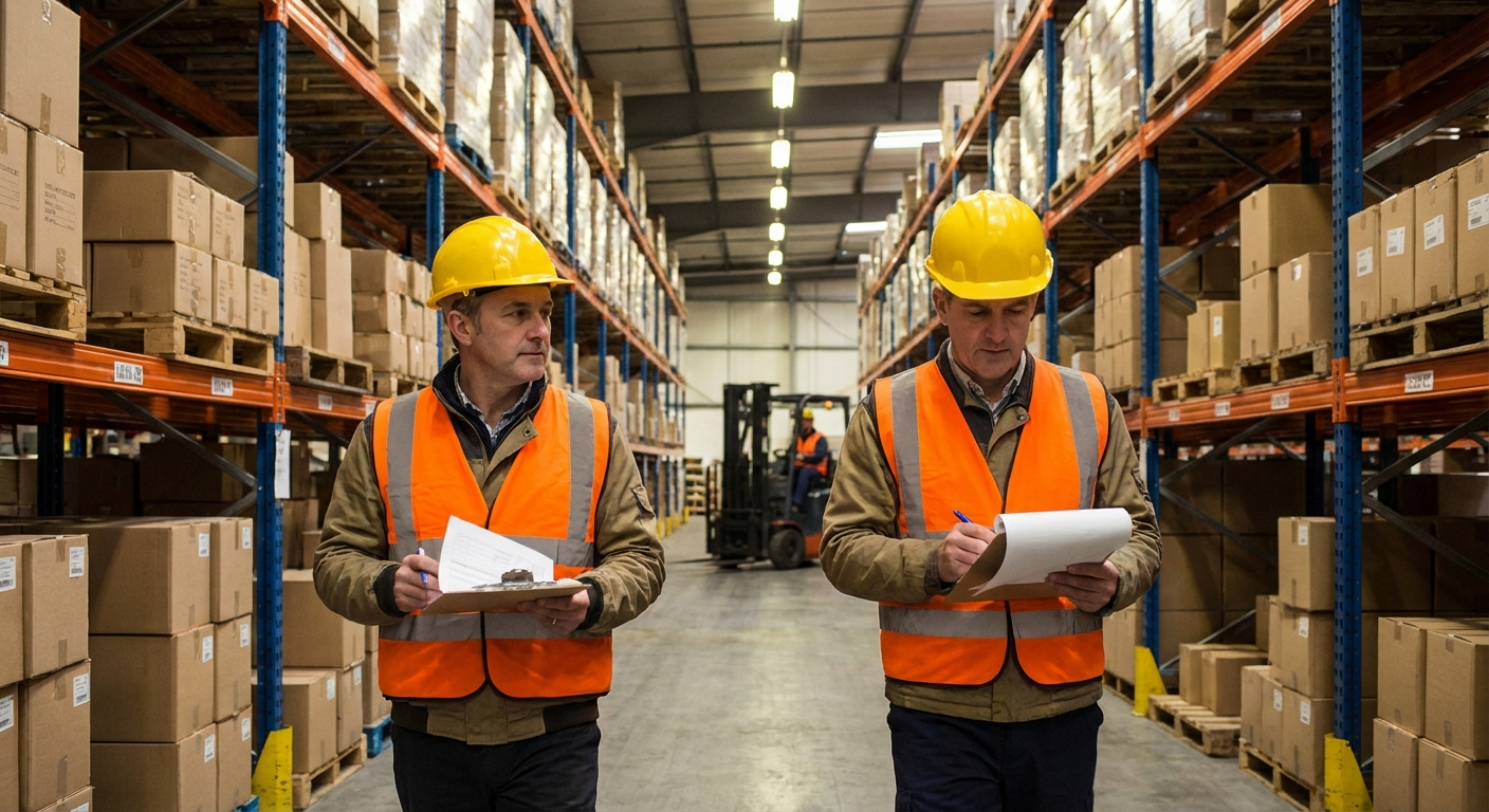 Warehouse operations team reviewing data on tablets