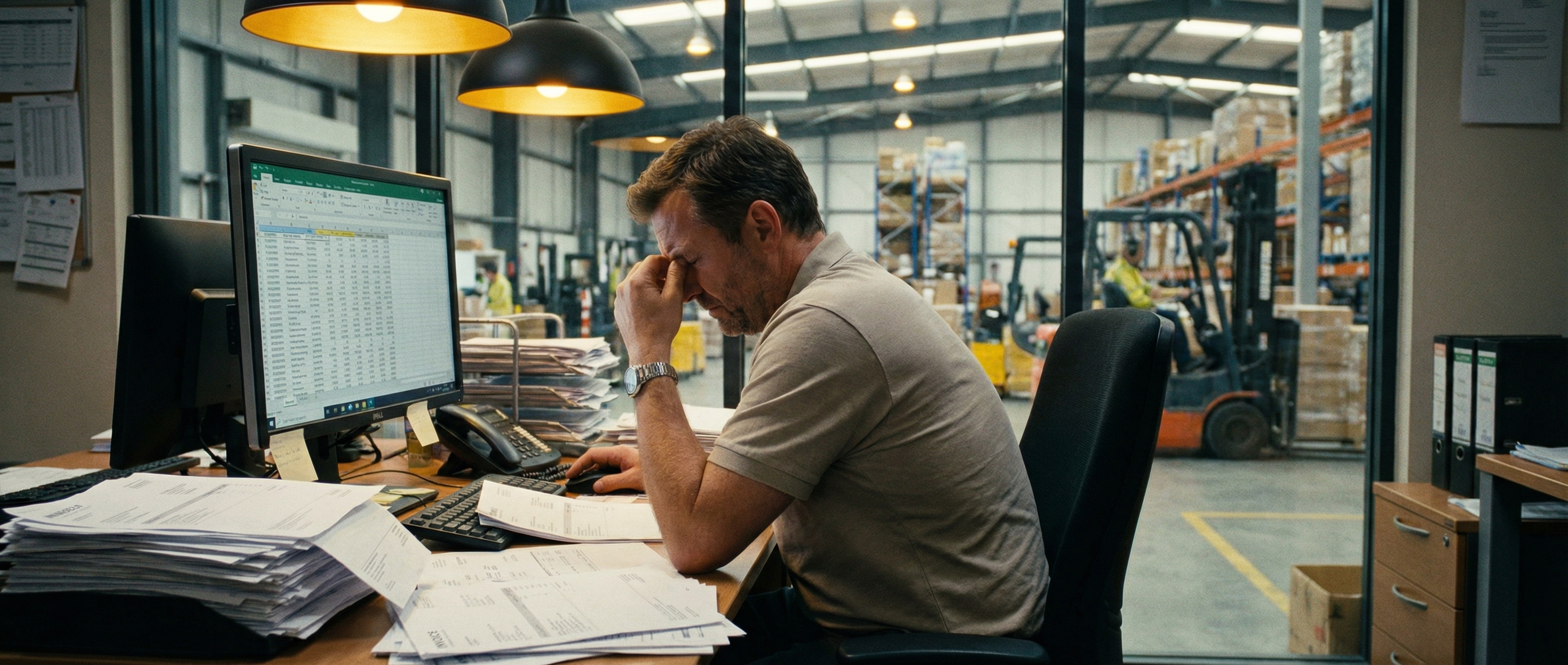Office worker surrounded by paper invoices at a distribution company