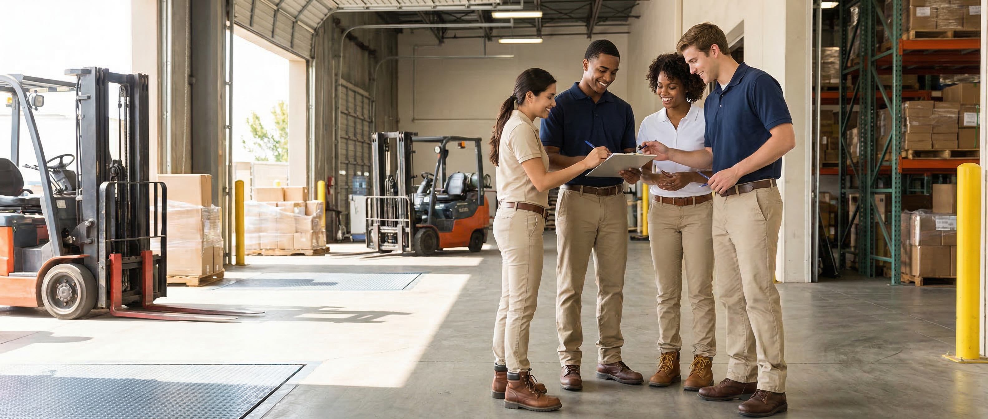 Young workers in casual attire collaborating in a modern warehouse environment
